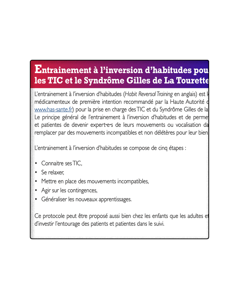 Entrainement à l'inversion d'habitudes pour les TIC et le Syndrome Gilles de la Tourette